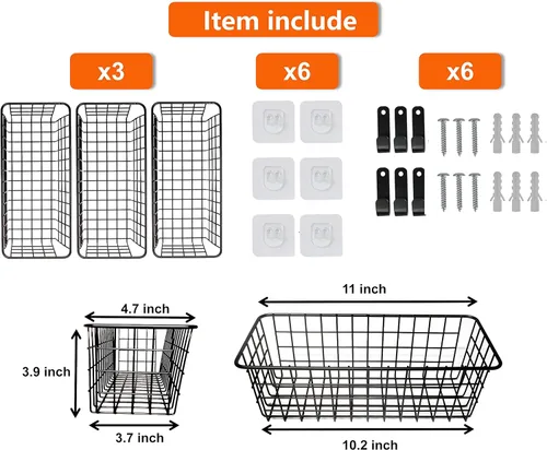 Miniatura 3 de Joben Oligey Juego de 3 Cestas Colgantes de Alambre, Cesta de Frutas para Montaje en Pared, Sin Perforación, Cesta de Metal Pequeña Adhesiva