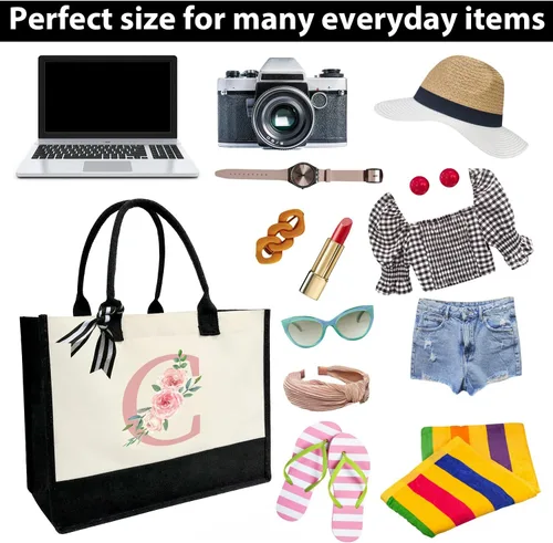Miniatura 6 de DEEZOMO Initial Canvas Tote Bag for Women, Beach Bag with Inner Zipper Pocket Personalized Gifts for Wedding, Birthday