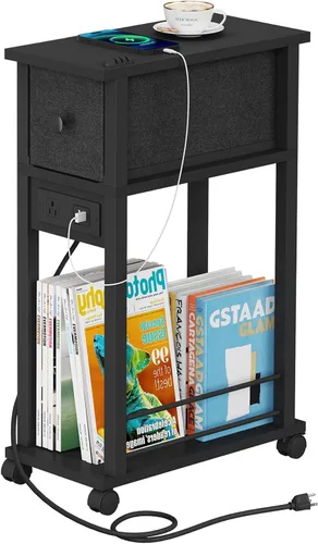 Miniatura 5 de DGSANDGO Mesa auxiliar estrecha (1 unidad) – Mesa auxiliar negra con protección contra sobrecarga, cajón de estación de carga y 4 ruedas, mesita
