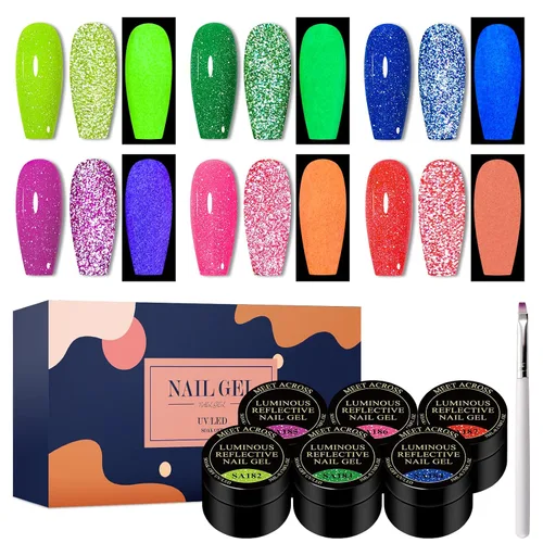 Miniatura 16 de MEET ACROSS Juego de esmaltes de uñas de gel luminosos de caramelo de 6 colores, esmalte de uñas de gel que brilla en la oscuridad con cepillo