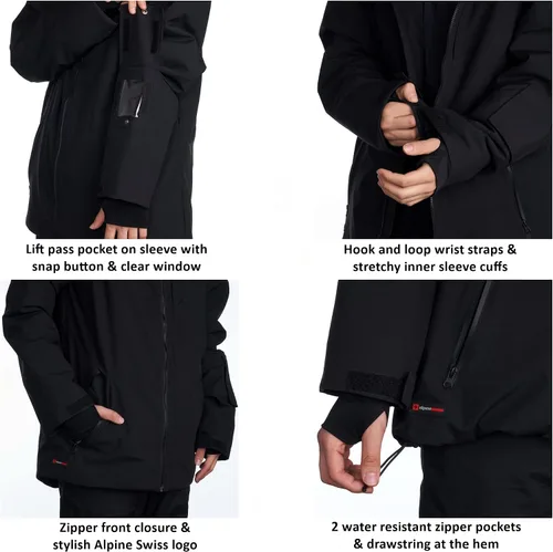 Miniatura 3 de Alpine Swiss Chaqueta de esquí impermeable con capucha para hombre, abrigo de snowboard cálido para invierno