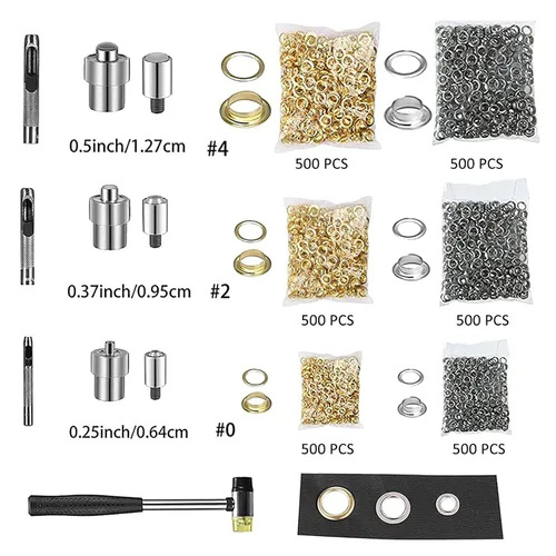 Miniatura 4 de Kit de prensa de ojales de 3000 piezas, máquina de prensa manual de hierro fundido, 3 juegos de troqueles Includes 3000 grommets, silver and gold