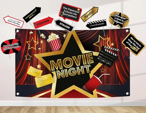 Kit de decoración de fiesta nocturna de cine, incluye telón de fondo de fotografía y 10 accesorios de cabina de fotos para selfies de estudio con