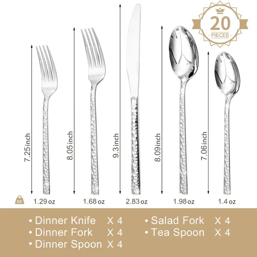 Miniatura 2 de KINGSTONE Juego de cubiertos martillados de 20 piezas, juego de cubiertos de acero inoxidable 18/10 para 4, juego de cubertería para el hogar