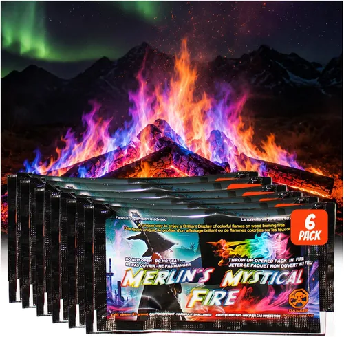 Merlin's Mystical Fire - Paquete de 6 paquetes que cambian de color, 0.882 onzas cada uno, llamas mágicas multicolor encantadas de larga duración,
