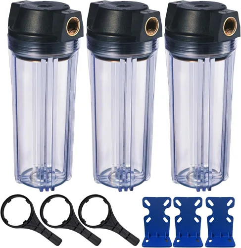 Geekpure Carcasa delgada de filtro de agua para toda la casa de 10 pulgadas con válvula de alivio de presión, puerto de latón NPT de 3/4 pulgadas,