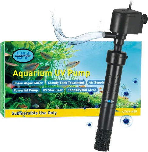 Miniatura 7 de COOSPIDER Acuario U-V Filtro Verde Limpio Máquina para Tanque de Peces de 40-100 Galones Cristal Transparente 300GPH Bomba de Agua Sumergible