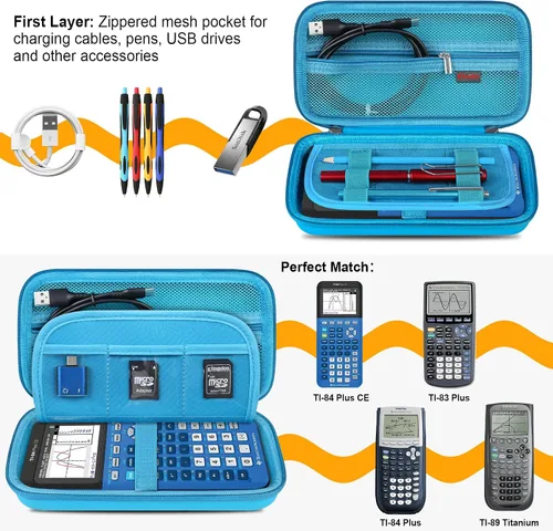 Miniatura 2 de Elonbo Funda de transporte para calculadora gráfica Texas Instruments TI-84 Evo/TI-84 Plus CE Evo, bolsillo de malla adicional para cargador de Azul
