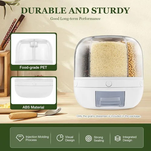 Miniatura 4 de Dispensador de arroz, contenedor de arroz giratorio de 360° con tapa y taza medidora, organizador de almacenamiento de granos para encimera