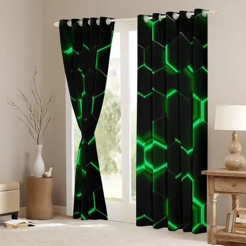 Miniatura 4 de Feelyou - Cortinas de ventana en forma de panal, tema geométrico hexagonal con luces de neón verdes, para chicos adolescentes y hombres, elegante