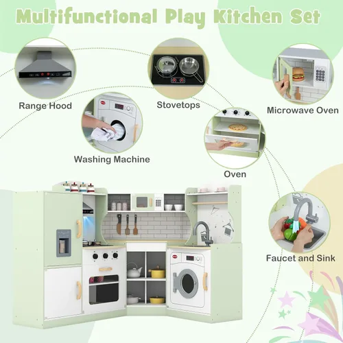 Miniatura 3 de Costzon Juego de cocina esquinera para niños, cocina de madera con sonidos y luces, lavadora, campana extractora, máquina de hielo, microondas, Verde