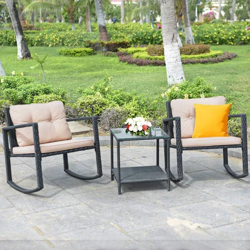 Miniatura 2 de DORTALA Juego de muebles de patio de 3 piezas, mecedora de ratán y mesa de centro de cristal con cojines, juego de 3 muebles de mimbre