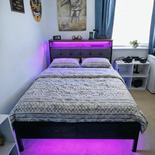 Miniatura 7 de Homkdom Base de cama de tamaño matrimonial con estación de carga, marco de cama tamaño matrimonial con luces LED con cabecera de almacenamiento Negro