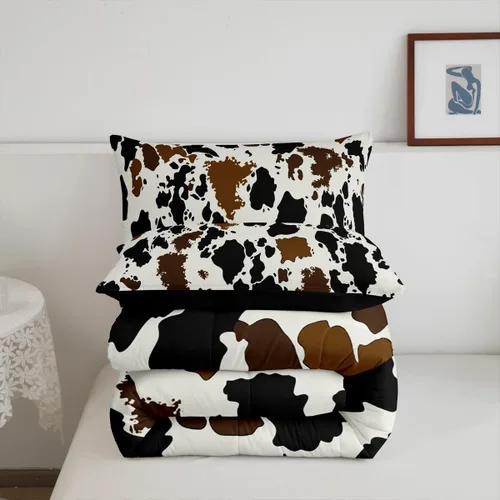 Miniatura 6 de Juego de edredón de piel de vaca, edredón de plumón con estampado de vaca, juegos de ropa de cama de teñido anudado negro y marrón para niños