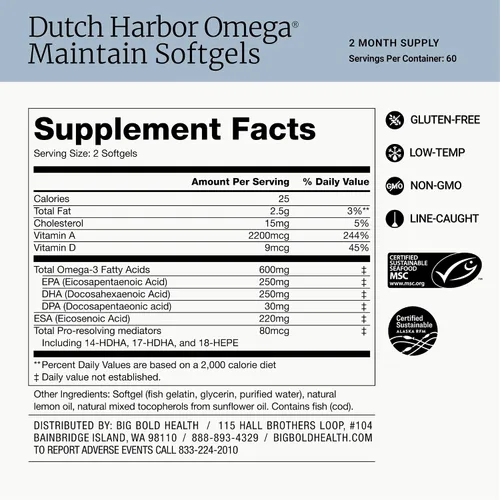 Miniatura 4 de BIG BOLD HEALTH Dutch Harbor Omega Maintain Cápsulas blandas – Aceite de hígado de bacalao de Alaska prémium (120 unidades) – Suplemento omega-3
