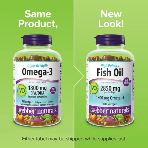 Miniatura 6 de Webber Naturals Aceite de pescado de 2850 mg, alta potencia, 1,800 mg de omega-3 por porción, 120 cápsulas blandas entéricas transparentes, sin