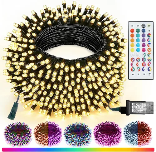 Pooqla - Guirnalda de 200 luces LED que cambian de color con control remoto, 66 pies | Green Wire 35 Colors Halloween Lights Plug in with Timer,