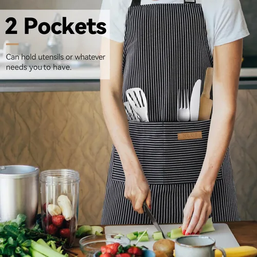 Miniatura 6 de NLUS Paquete de 2 delantales de cocina ajustables con babero, delantal de chef suave con 2 bolsillos para hombres y mujeres (rayas negras)