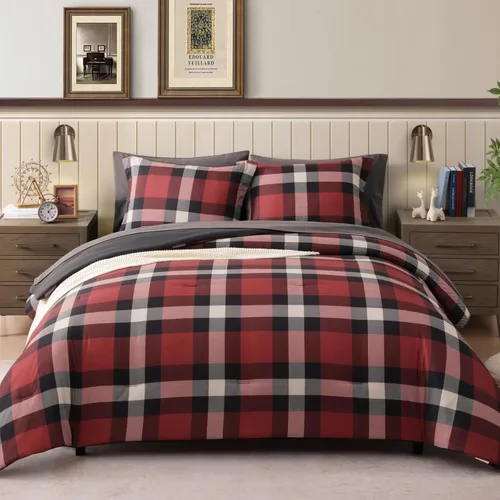 Miniatura 24 de AMBERSPACE Juego de edredón tamaño matrimonial, juego de ropa de cama a cuadros azul gris de 7 piezas para niños, niñas y adolescentes, juego