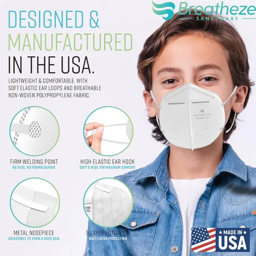 Miniatura 2 de Breatheze Máscara KN95 para niños, mascarillas KN95 para niños, registradas por la FDA, fabricadas en Estados Unidos Niños Paquete de 30 Blanco