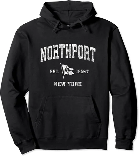 Northport NY - Sudadera deportiva con capucha y bandera náutica vintage