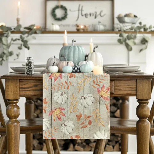 Miniatura 2 de Artoid Mode Camino de mesa de otoño de madera beige con hojas de arce, decoración de mesa de comedor de cocina de otoño de temporada para decoración
