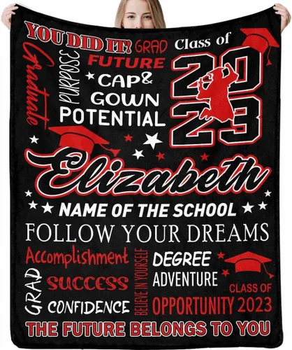 Miniatura 12 de Decoraciones de graduación 2023, manta de regalo para ella, él, felicitaciones 2023, azul oscuro, manta de graduado con nombre personalizado, No.11