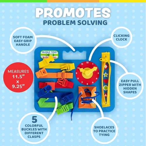 Miniatura 3 de Buckle Toys Busy Board - Juguete de aprendizaje Montessori para niños pequeños, actividades de viaje por carretera, tablero sensorial de espuma, Azul