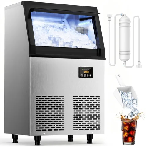 Miniatura 2 de Coolski Máquina de hielo comercial, 200 libras por día, máquina de hielo independiente de acero inoxidable, 45 cubos en 12 minutos, autolimpiante