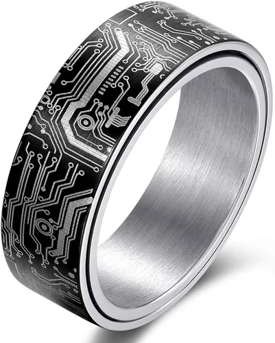 Miniatura 8 de Anillo de patrón de placa de circuito de computadora de 0.315 in negro/plata/azul/oro - Spinner Fidget Alivio de la ansiedad Anillo de acero
