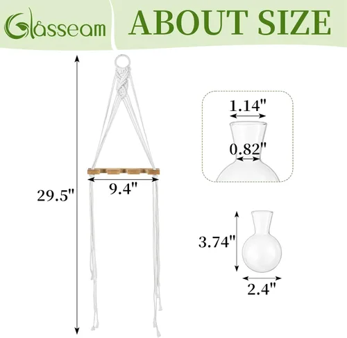 Miniatura 6 de Glasseam Estaciones de propagación de macramé colgantes: jarrones de propagación de vidrio para ventanas de pared para plantas hidropónicas