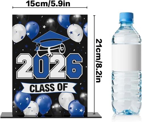 Miniatura 2 de LINGTEER Class of 2026 - Soporte de mesa acrílico con globos azules de graduación para póster, paquete de 2 decoraciones de fiesta de felicitaciones