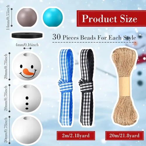 Miniatura 6 de 180 piezas de cuentas de madera de muñeco de nieve de Navidad con estampado de tartán de búfalo de Navidad, cuentas de madera redondas de invierno