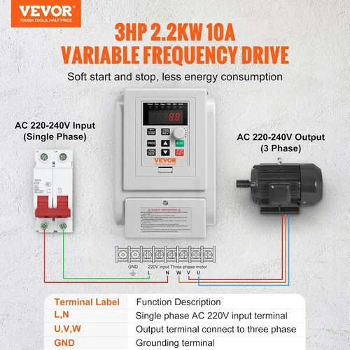 Miniatura 2 de VEVOR VFD 3HP, 2.2KW, 10A, Entrada 1 Fase 220V-240V a Salida 3 Fases 220V-240V Unidad de Frecuencia Variable, VFD 0-400Hz para Control de Velocidad