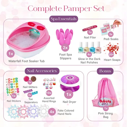 Miniatura 4 de Kit de día de spa para niñas Bubbly Girlz con brillo en la oscuridad, más de 42 piezas de juguetes de spa para pies con cascada, kit de spa de uñas