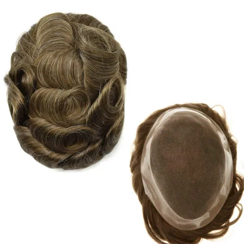 Miniatura 35 de Peluca de cabello humano monofilamento fino para hombre tipo tupé de polietileno alrededor del sistema de cabello, peluca duradera de monofilamento