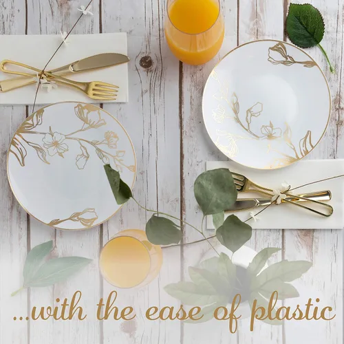Miniatura 6 de Platos de 7 pulgadas, 10 unidades, platos de fiesta de plástico blanco con diseño floral y borde dorado, vajilla desechable elegante de peso pesado