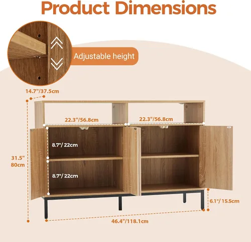 Miniatura 2 de Mericonia Aparador Buffet de Granja con Almacenamiento, Barra de Café Acanalada con Puertas y Estantes Ajustables, Gabinete de Consola de Madera A