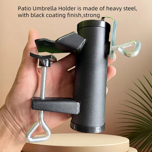 Miniatura 7 de Soporte de abrazadera para paraguas para exteriores, resistente con clip de montaje para sombrilla de patio, color negro