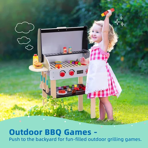 Miniatura 2 de OOOK Parrilla de juguete de barbacoa de madera, juego de parrilla para niños con alimentos de juguete y herramientas de parrilla, accesorios