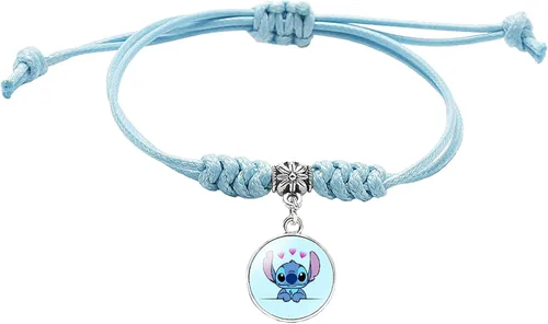 DEZHAN Pulsera de dibujos animados de anime Ohana Stith, pulsera familiar de metal de cuero negro y azul para niñas, mujeres y hombres