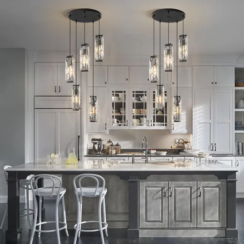 Miniatura 4 de LMQNINE - Lámpara colgante, lámparas colgantes modernas negras, mini candelabros de cristal, lámpara colgante ajustable de 5 luces para cocina, Negro