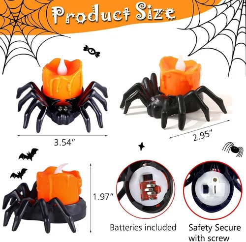 Miniatura 3 de Paquete de 6 velas LED sin llama de Halloween, velas LED de araña 3D con luz amarilla y morada cálida brillante, funciona con pilas, luces LED