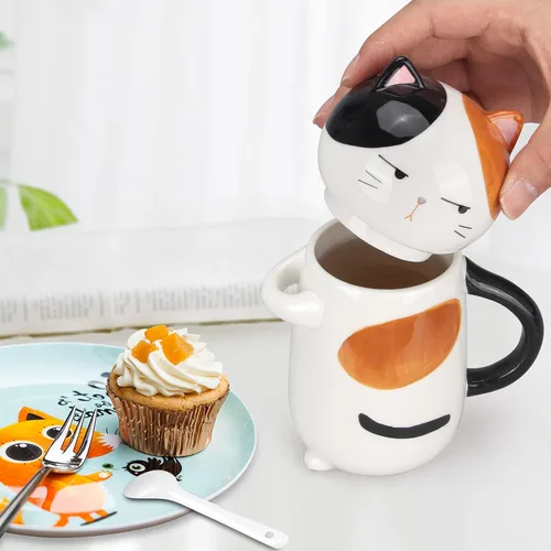 Miniatura 6 de Taza de café grande y bonita de cerámica con tapa y cuchara, divertida taza de gato para mujeres y damas, tazas de café Kawaii 3D únicas de gato