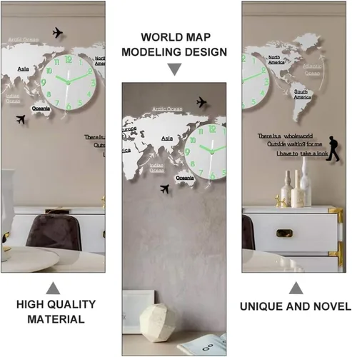 Miniatura 5 de HEALLILY Reloj de pared con mapa del mundo, mapa del mundo, reloj colgante digital que brilla en la oscuridad, suministros de pared para oficina