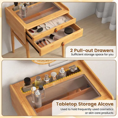 Miniatura 4 de CHARMAID Mesa de tocador de maquillaje, escritorio de bambú que ahorra espacio con espejo giratorio, 2 cajones, espacio de almacenamiento profundo