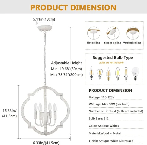 Miniatura 2 de Lámpara de araña blanca para comedor - Lámpara colgante moderna de 4 luces, luces colgantes de madera rústica para cocina, isla, sala de estar