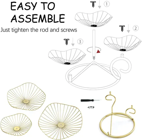 LANDTOM® Soporte de metal para cesta de frutas de 3 niveles, soporte decorativo para frutero, dorado (tipo A)