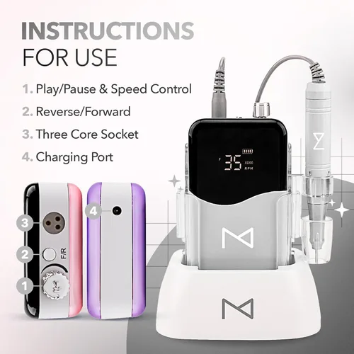 Miniatura 3 de M Mase - Taladro Profesional de Uñas - Lima de Uñas 2 en 1 Sin Núcleo - Eléctrico, Inalámbrico, 35000 RPM, Pantalla HD - Taladro Eléctrico de Uñas