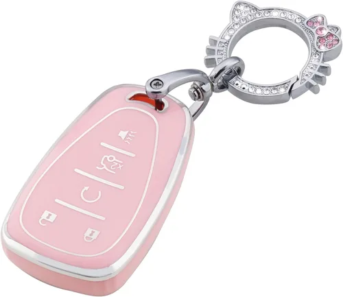 Pangpai - Funda para llavero rosa para Chevy, carcasa protectora de TPU suave con llavero brillante compatible con Chevrolet Equinox Malibu Camaro